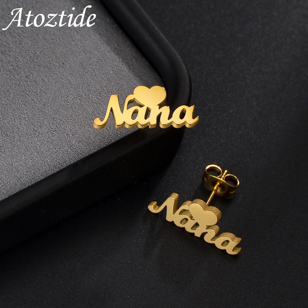 Atoztide Custom Name Earring Heart Star Stainless Steel Gold Color Personalized Stud Earrings Customized Jewelry for Women Gift