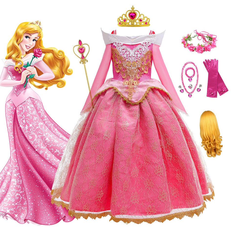 Girls Sleeping Beauty Aurora Cosplay Dress Long Sleeves Off Shoulder Kids Halloween Christmas Gift Fancy Party Princess Clothing