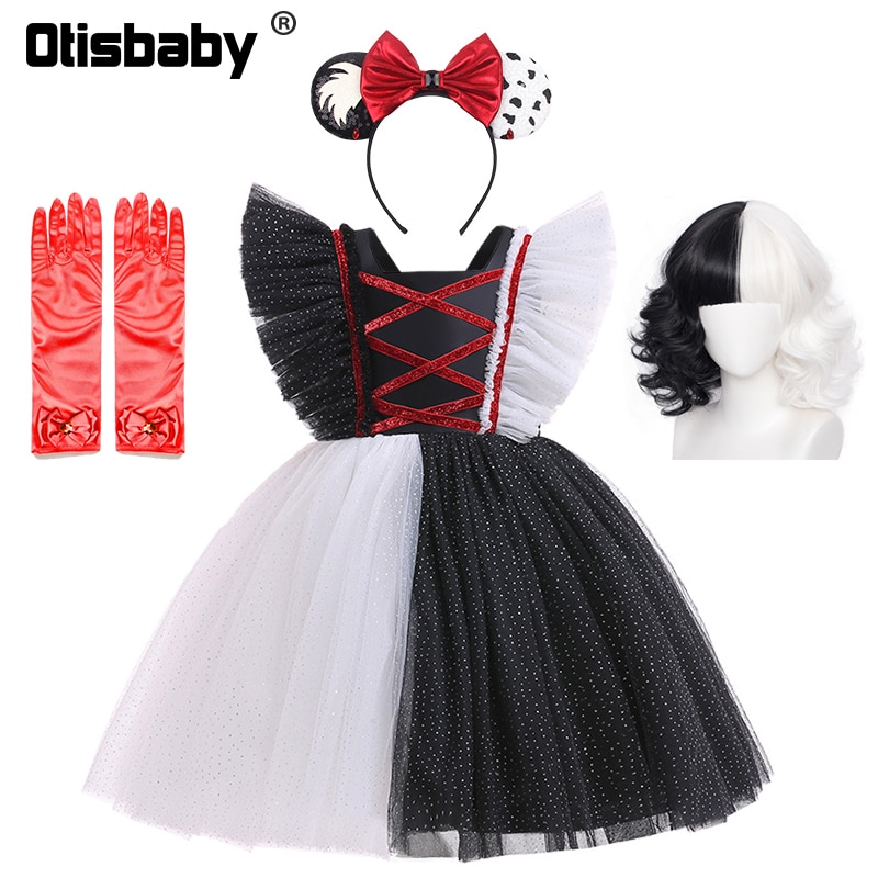 Halloween Kids Black and White Witch Kuira Dress for Girls Flying Sleeves Masquerade Shiny Tulle Tutu Birthday Party Ball Gowns