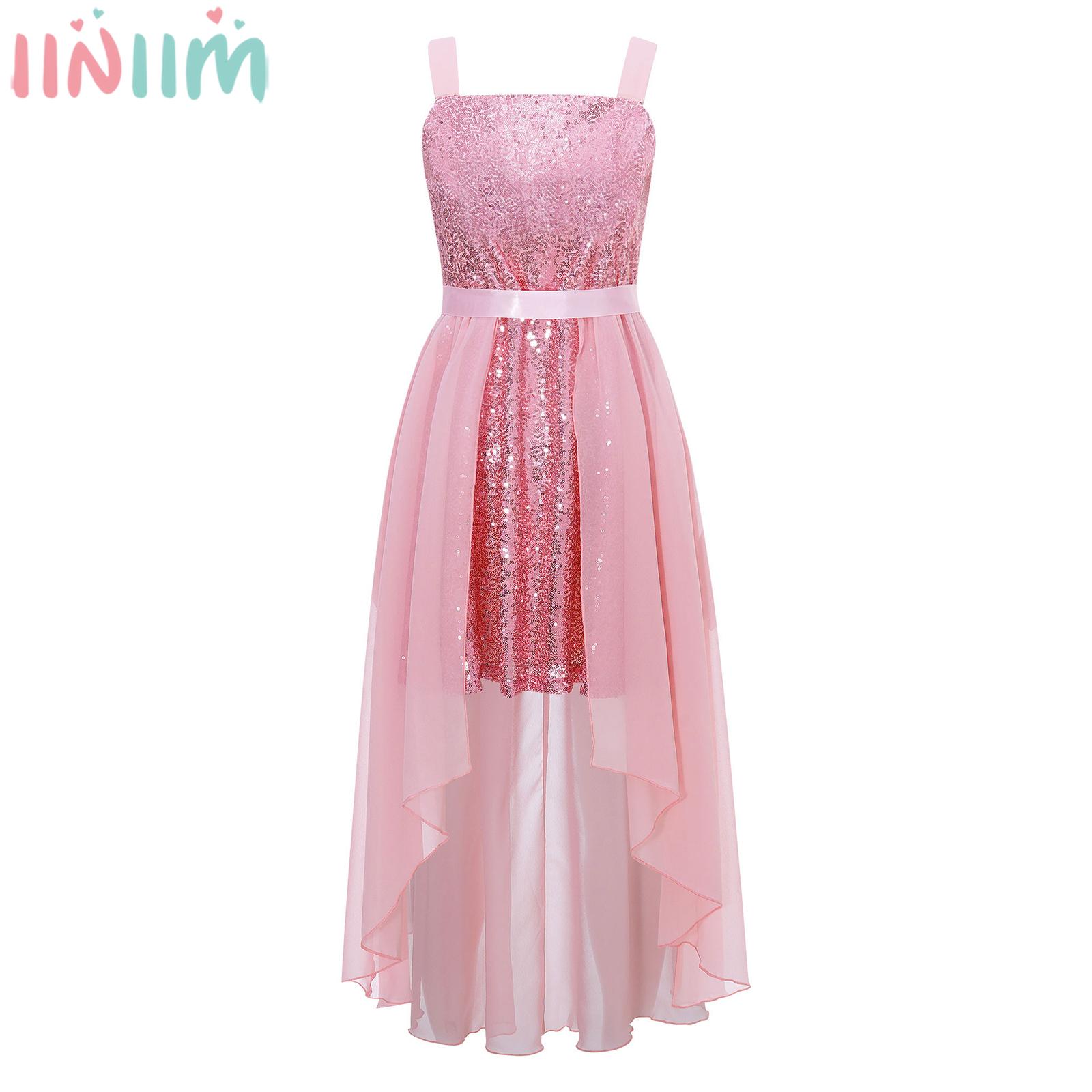 Kids Girls Shiny Sequin Party Dress Child Sleeveless Chiffon Split Dress with Satin Sash for Wedding Birthday Stage Performance