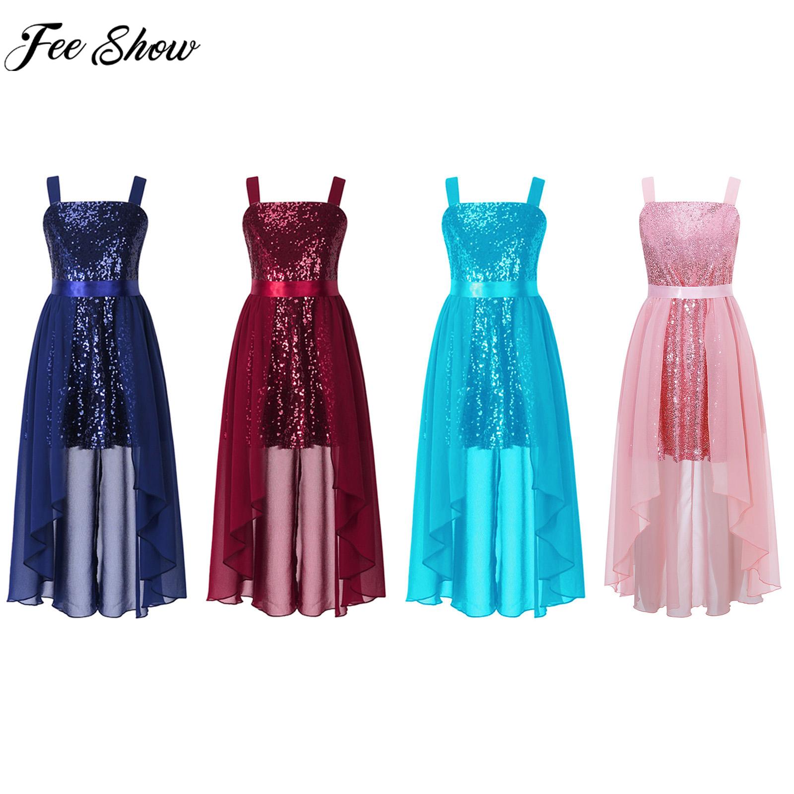 Girls Elegant Shiny Sequin Chiffon Princess Dress Sleeveless Skirted Wedding Birthday Stage Performance Party Dress with Satin