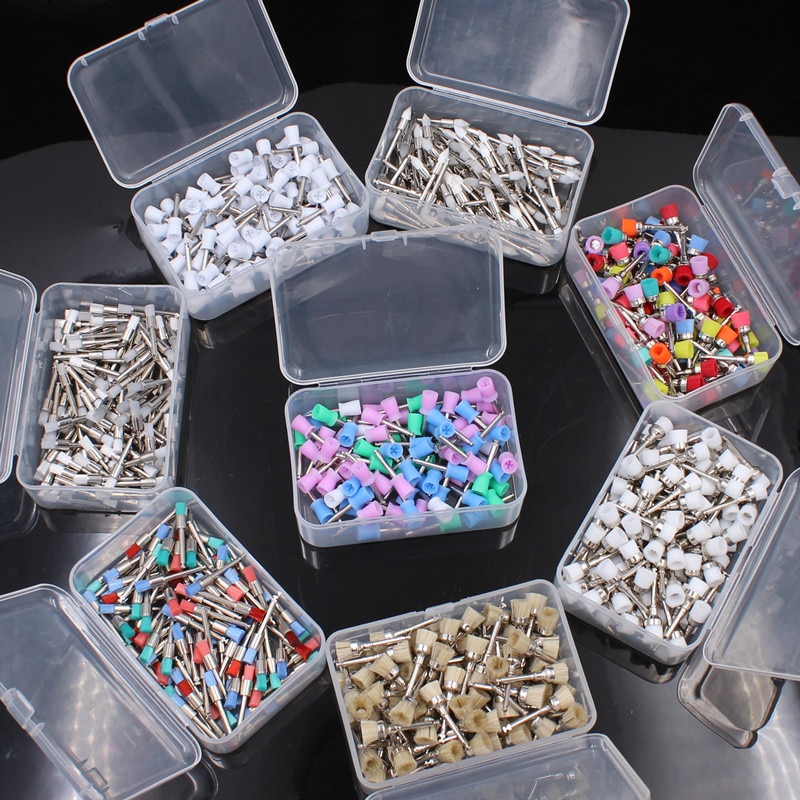 100Pcs Dental Polisher Tool Kit Dental Polishing Brush Polisher Prophy Rubber Cup Latch Colorful Buff Nylon Bristles