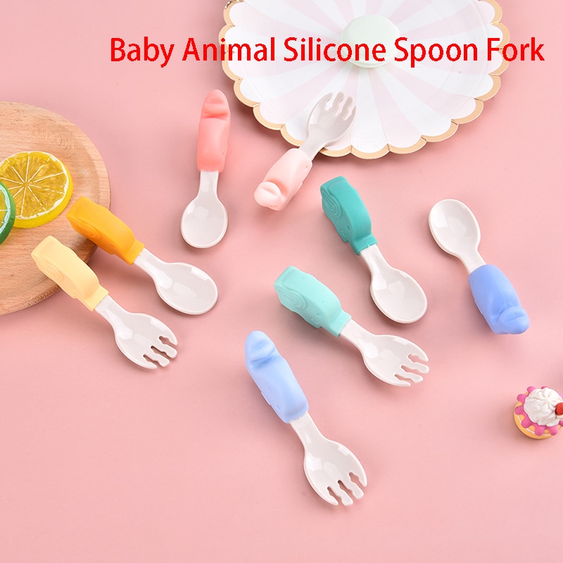 2Pcs Baby Spoon Fork Set Children Utensil Soft PP Toddler Dinnerware Cutlery Cartoon Infant Food Feeding Spoon Fork