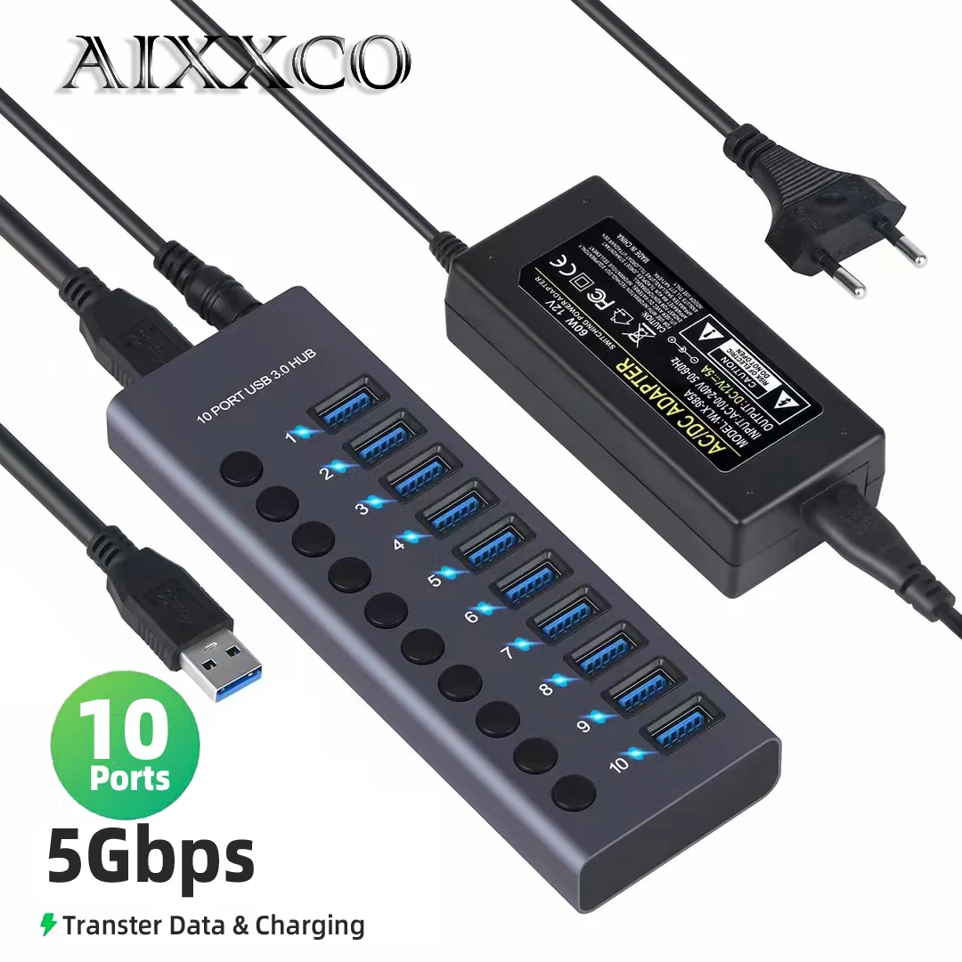 Metal USB 3.0 Hub Multi USB Splitter 4/7/10Ports Use Power Adapter Multiple Expander 2.0 Hub With