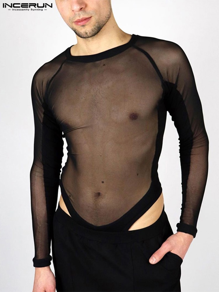 INCERUN 2022 Casual Homewear Men Comfortable Onesies Fashion Male See-though Thin Long Sleeves Suits Transparent Jumpsuits S-5XL