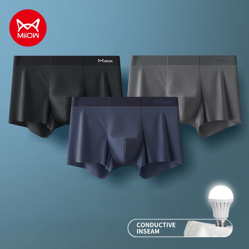 MIIOW 3Pcs Ice Silk Man Underwear Boxer Metal Fiber Antistatic Men Underpants Seamless Cut Hem Men's Panties Boxers Shorts 