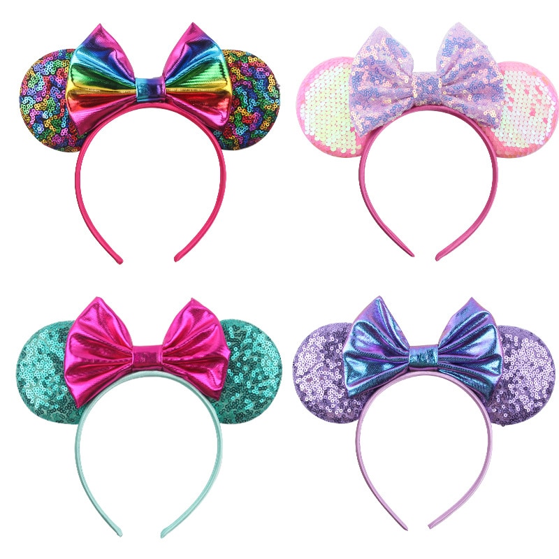 2023 Hot Sales Theme Mouse Ears Headband Girls Sequins 5"Bow Hairband With Crown Kids Festival Hair Accessories