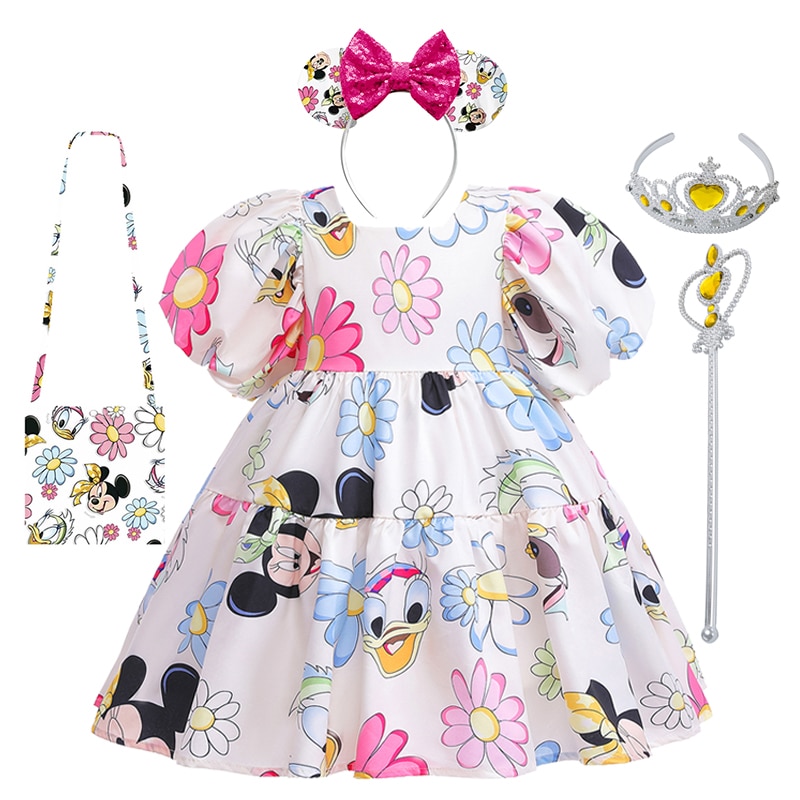 Disney Baby Girl Summer Puff Sleeve Clothes Cute Kids Mickey Mouse Cartoon Print Princess Dress Child Donald Duck Floral Costume