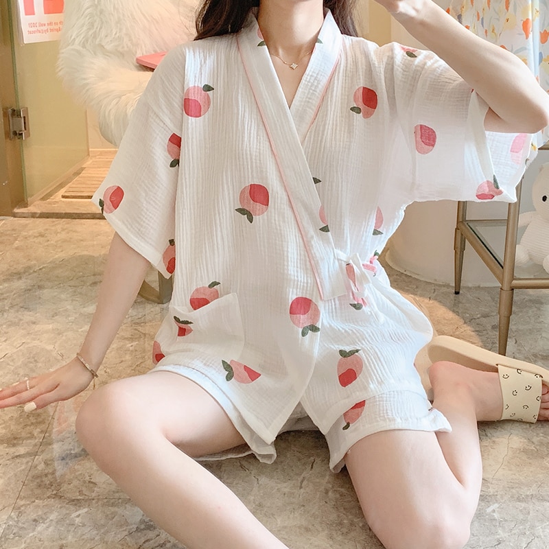 Japan Style Kimono Pajamas For Women Summer Cotton Gauze Short Sleeve 2 Pieces Home Clothes Harajuku Lolita Kawaii Pyjama Peach