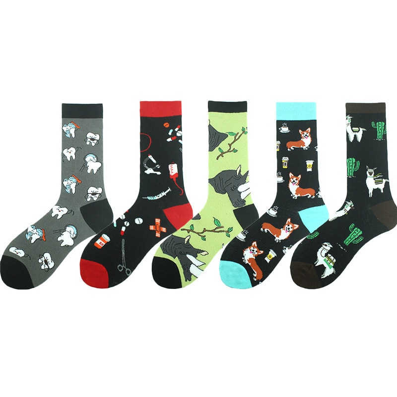 Peonfly 1 Pair Funny Mens Socks Hip Hop Harajuku Rhino Dog Tooth Print Personality Happy Casual Skateboard Street