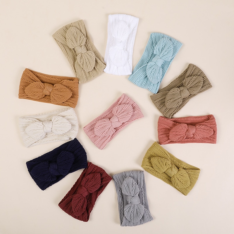 Nylon Jacquard Bow Baby Headband Newborn Vintage Cable Nylon Turban Hairband Baby Girls Soft Rabbit Ear Headwrap Bunny Headband