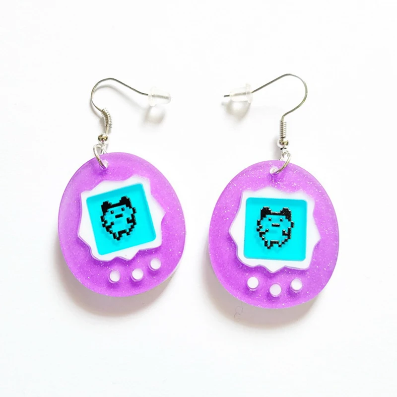 Cute Simulation Purple Electronic Pet Egg Acrylic Earrings For Women Funny Cartoon Game Console Drop