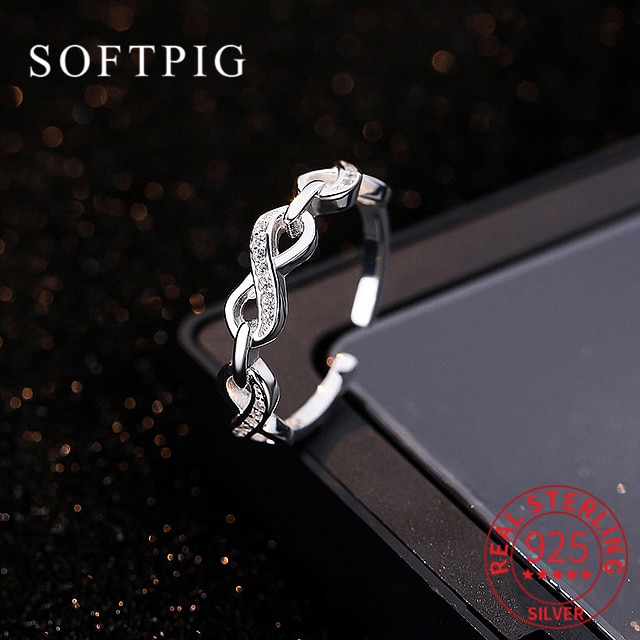 SOFTPIG Real 925 Sterling Silver Zircon Infinity Symbol Adjustable Ring For Fashion Women Classic Fine Jewelry Minimalist Bijoux