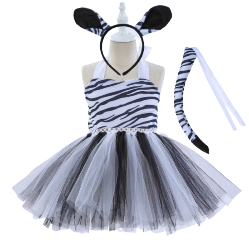 Girls Halloween Costumes Zebra Striped Print Pattern Kids Performance Clothes Mesh Cosplay Ball Gown Princess Dress Fashion Set