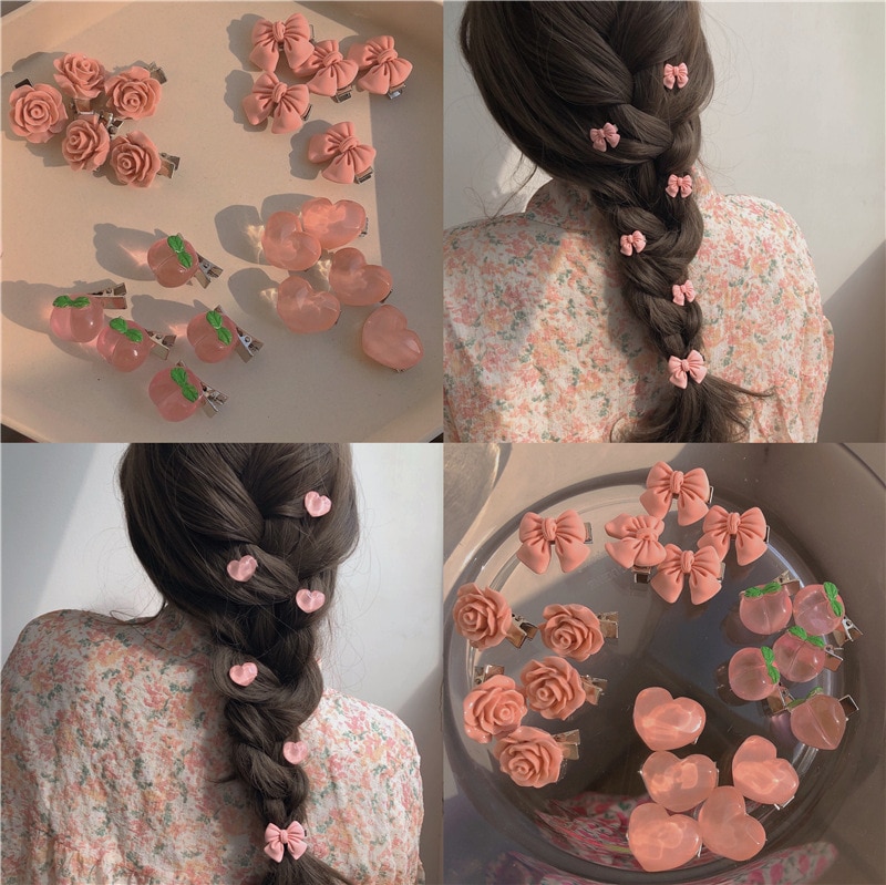5/pcs New Small Bow Hairpins Cute peach rose headwear hair accessories Girl side bangs clip sweet Hair Clips headdress Jewelry