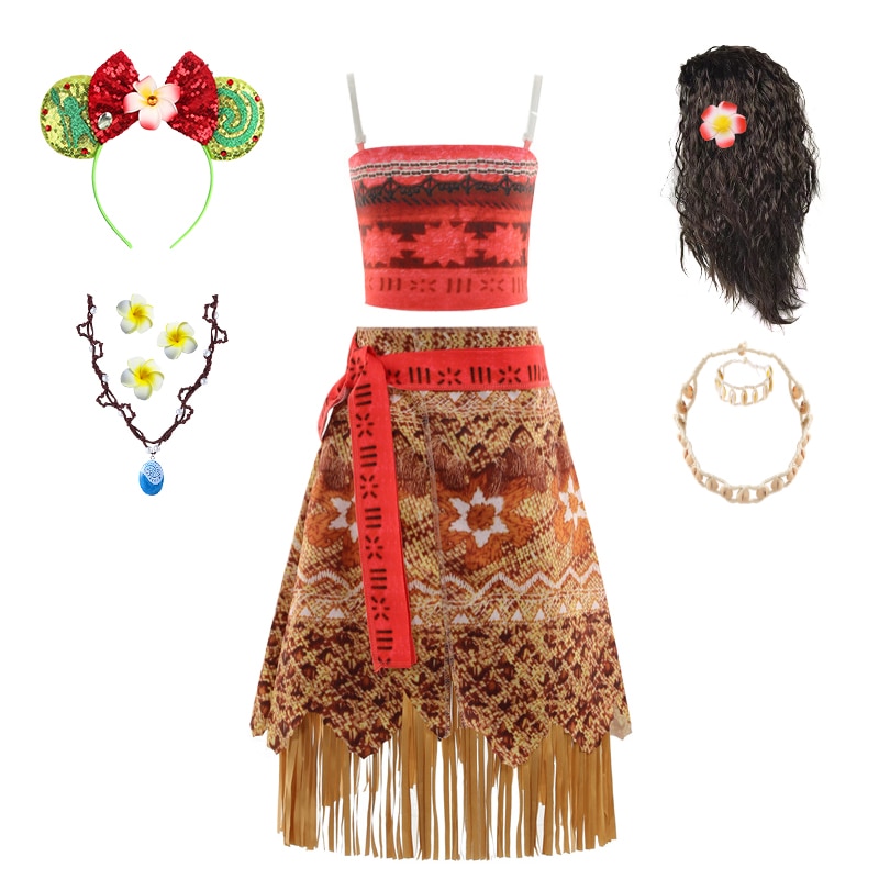 Summer Style 2-12Years Children Tassel Moana Princess Slip Dress for Girls Halloween Carnival Masquerade Cosplay Clothing Set