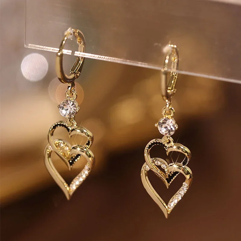 Luxury Double Layers Heart Drop Earrings for Women Rhinestone Crystal Korean Bridal Wedding Earring