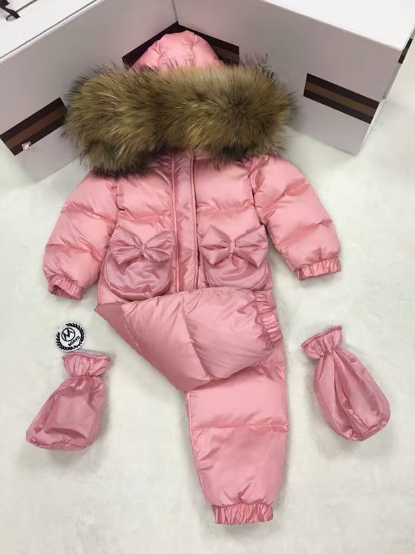 2022 Winter baby girl down coat Baby overall bow outerwear Fur Hooded children's Snowsuit down Child jumpsuit romper parka