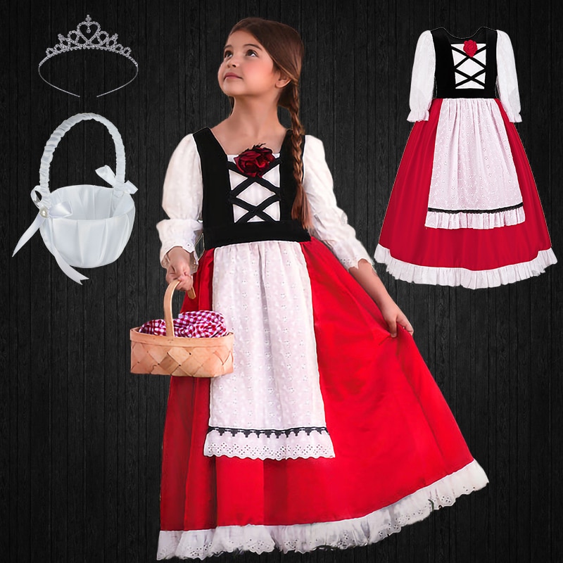 Winter Kids Luxury Halloween Cosplay Little Red Girls Riding Hood Maid Christmas Masquerade Garden Dress Spanish Korean Clothing