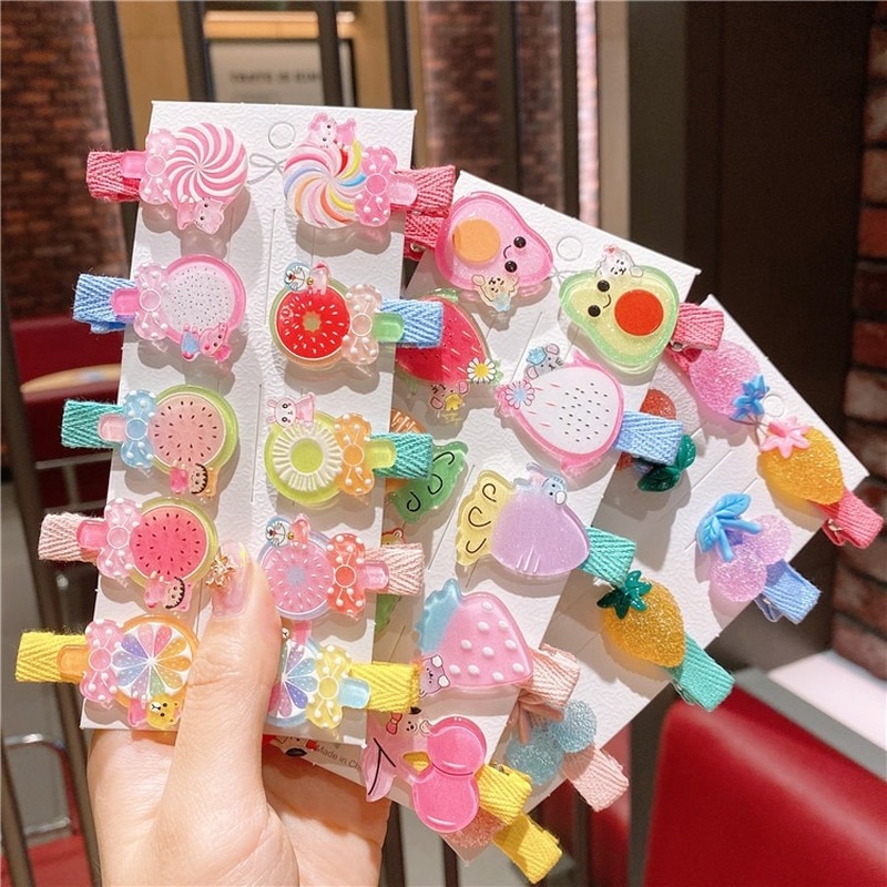 10pcs Cute Candy Girls Hair Clips Set Cartoon Flower Fruit Rainbow Hairpin Princess Barrettes Hair Grip Sweet Hair Accessories