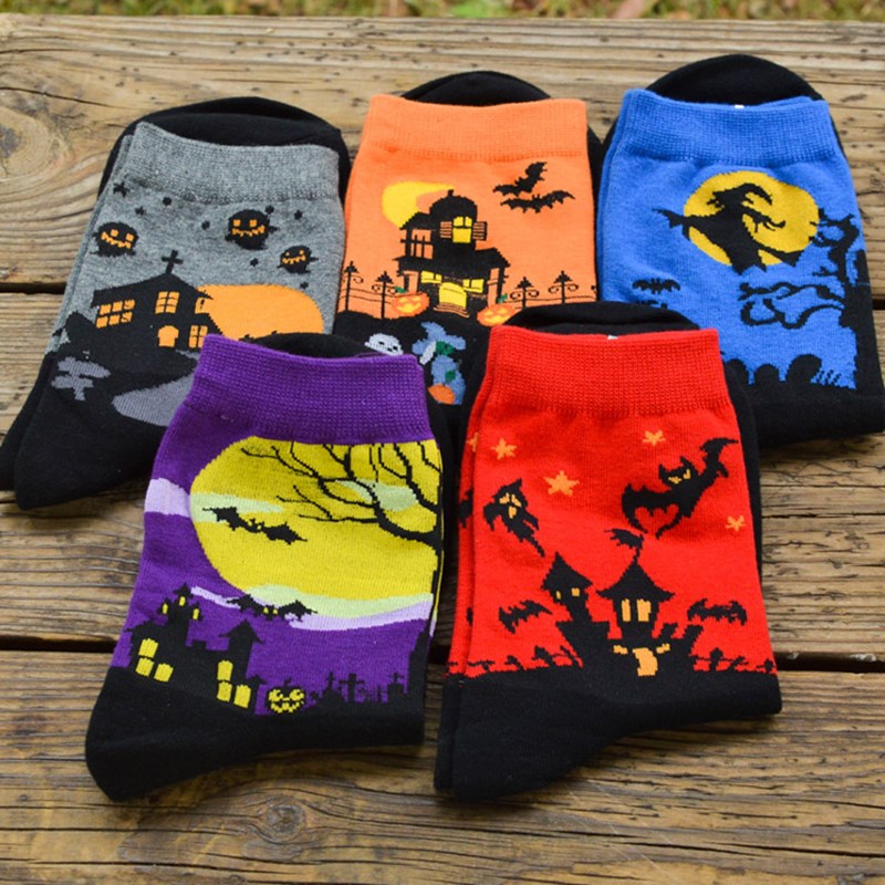 Halloween Harajuku Characteristic Couple Socks Funny Bat Pumpkin Lantern Wizard Ghost Print Men's Women's Middle Tube 