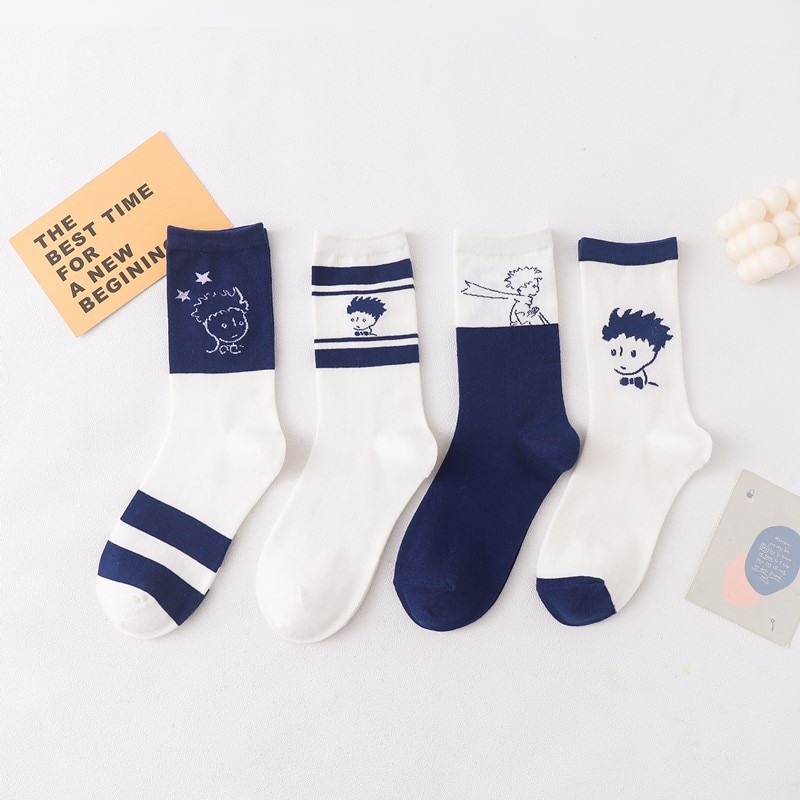 Autumn Winter Socks Female Cartoon Head Little Prince Blue Stockings Students' Harajuku Lovely Sweet Japanese Lovers' 