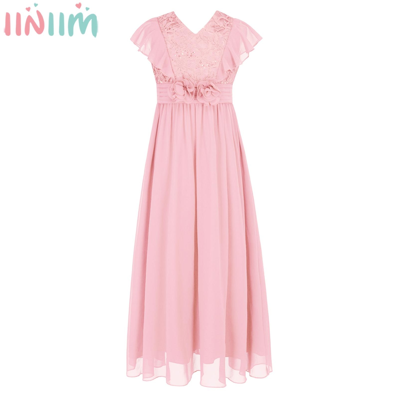 Kids Girls Elegant Flowers Party Dress Sequin Lace Chiffon Maxi Princess Dress for Prom Wedding Bridesmaid Birthday Evening