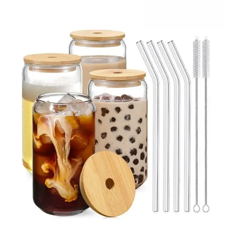 550ml/400ml Glass Cup With Lid and Straw Transparent Bubble Tea Cup Juice Glass Beer Can Milk Mocha