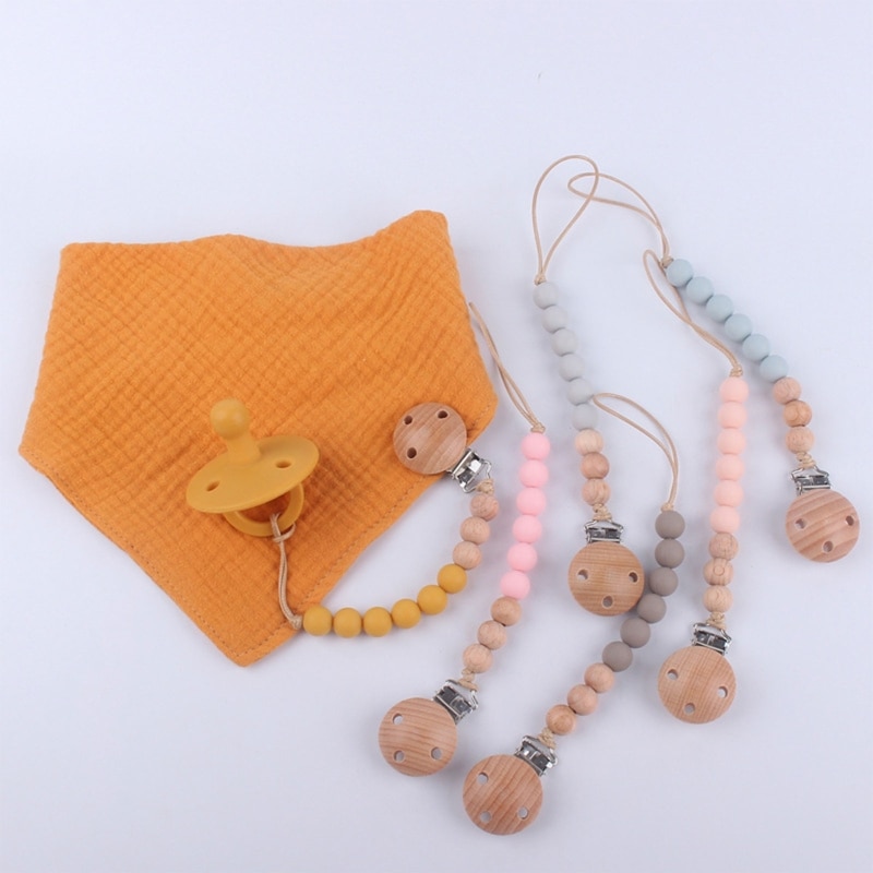 BPA Free Baby Silicone Beads Pacifier Clip Chains Beech Wood Nipple Holder Clips with Soft Soothie Nipple Set Baby Teething Item