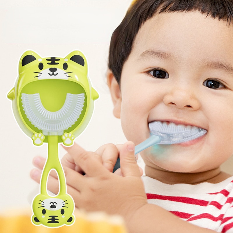 2-12Y Soft Safety Silicone Toothbrush for Baby Kids U Shaped Cartoon Frog Tiger Bristle Toothbrush Dental Cleaning Teeth Brush