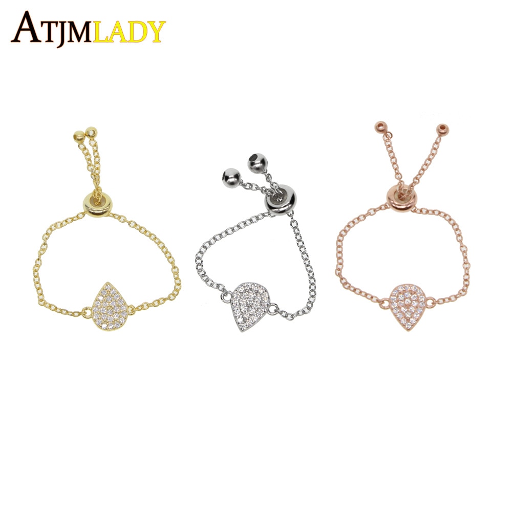 925 sterling silver tear drop pear shaped adjust rings for women micro pave clear cz delicate link chain fashion slider rings