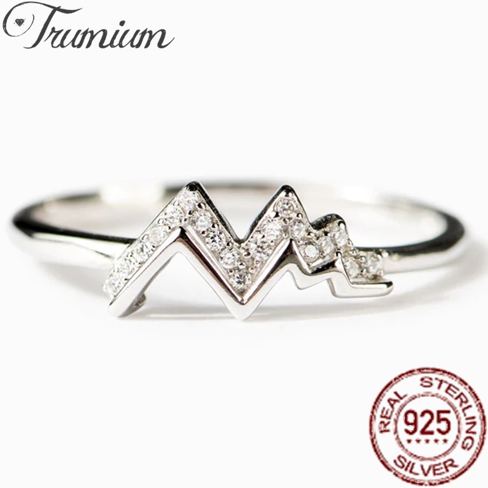 Trumium Real 925 Sterling Silver Fashion Personality Mountain Rings for Women CZ Wave Heartbeat Anniversary Gift Fine Jewelry