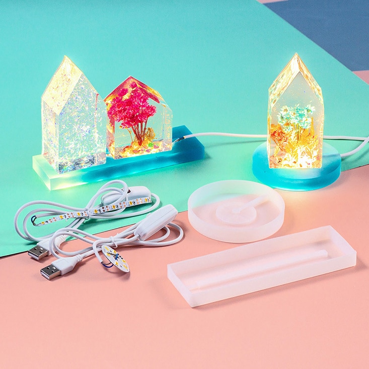 DIY Crystal Epoxy Resin Mold Small Round Lamp Specimen Small House Base Square Round Lamp Holder Silicone Mold Led Light Base