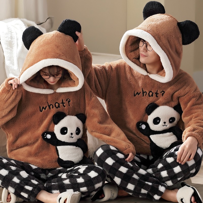 Winter Thicken Couples Pajamas Sets Women Men Anime Sleepwear Aldult Cartoon Panda Pyjamas Korean Hoodie Suits Lover Nightgown