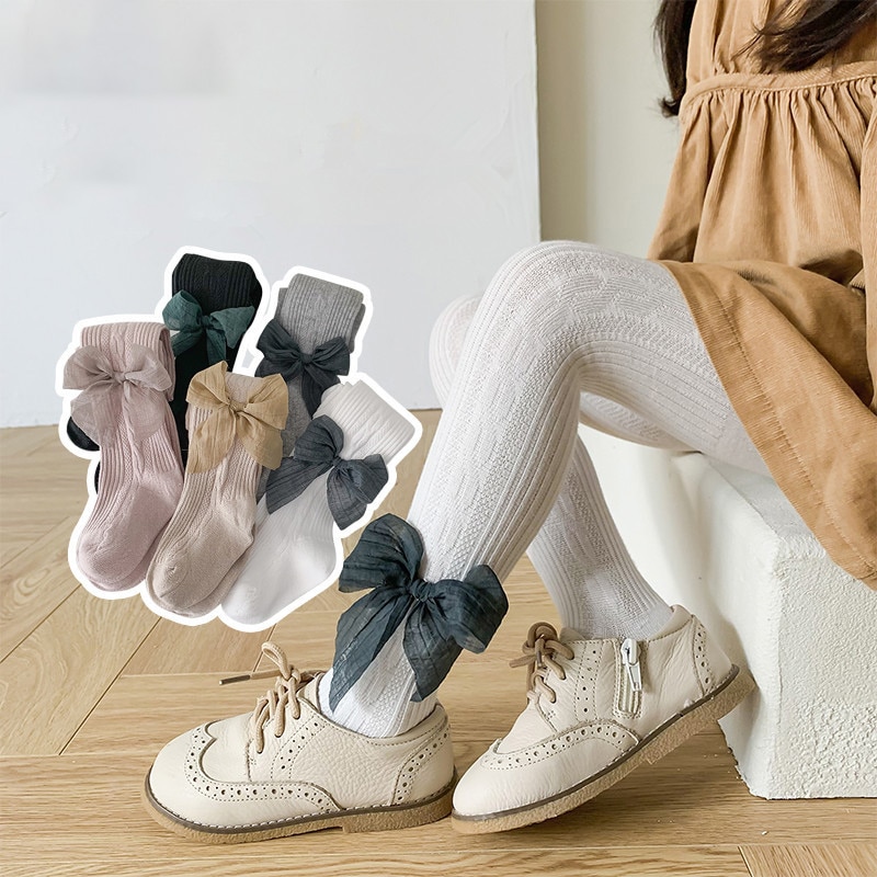 Cute Gauze Bowknot Tights For Girls Autumn Winter Cotton Knitted Children Pantyhose Toddler Baby Girls Leggings Tights 0-10 Yrs