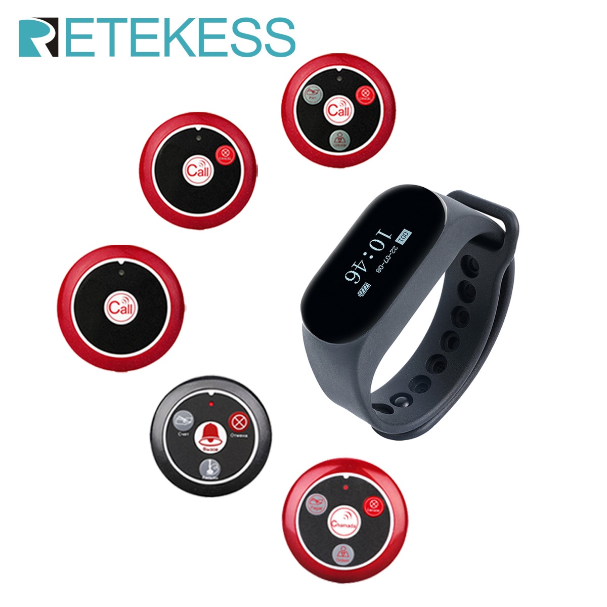 RETEKESS Restaurant Pager Wireless Waiter Calling System TD112 Waterproof Watch Receiver+5 T117 Call Button for Coffee Clinic