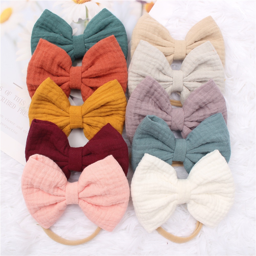 Baby Girls Head Bands Children's Bow Hairband Muslin Nylon Elastic Headwear Newborn Solid Color Comfortable Hair Accessorie