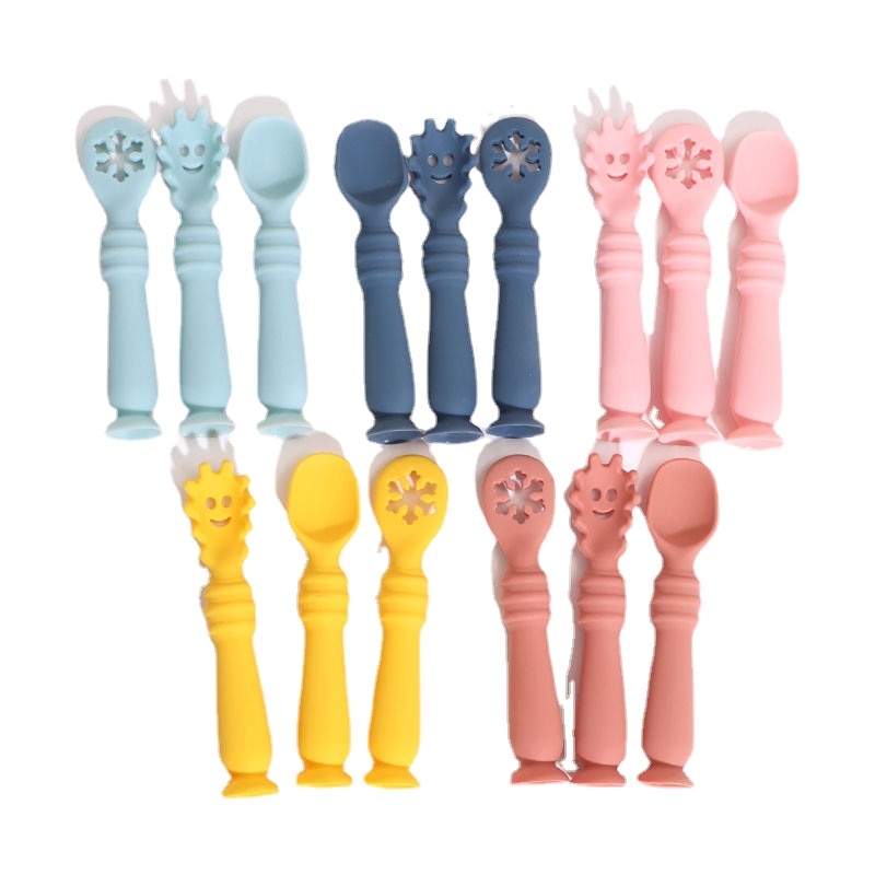 Baby Spoon Fork Set Food Grade Silicone Meal Sticky Soup Spoon Solid Color Kids Cutlery Training Spoon Cuchara Aprendizaje Bebe