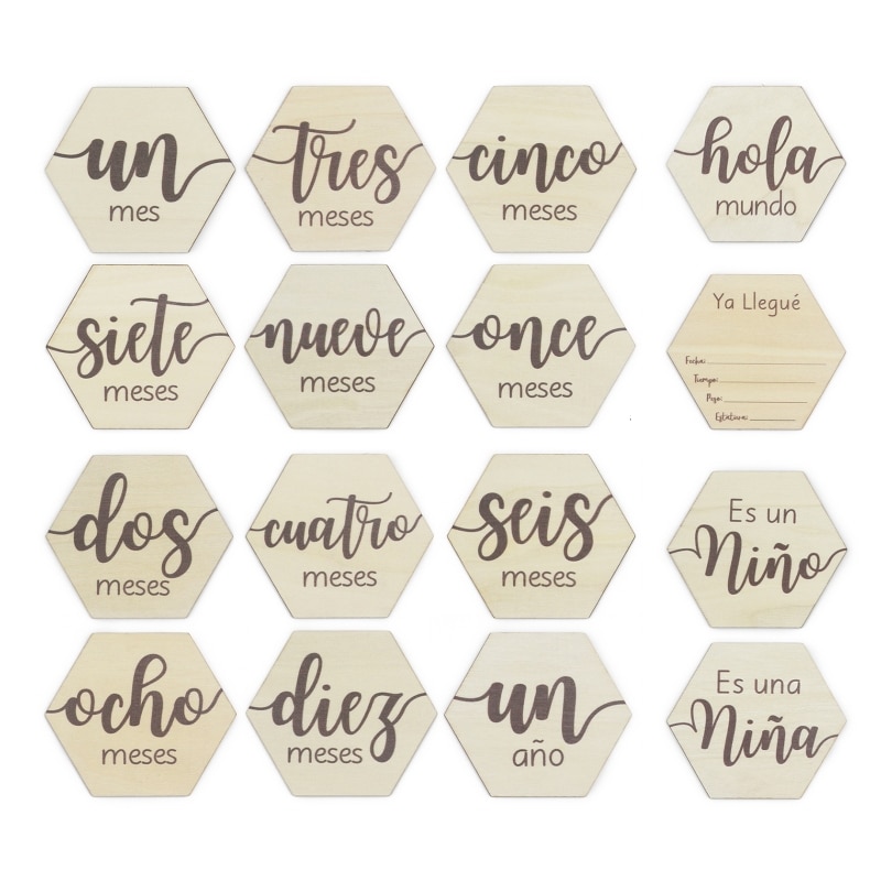 H37A Baby Monthly Milestone Marker Card Double Sided Photo Props Wooden Spanish Cards