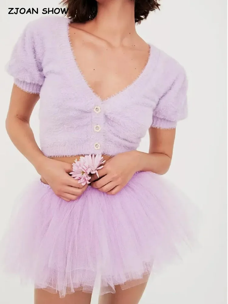 Women V neck Knit Single-breasted Button Shaggy Cardigan Mohair Crop Sweater Retro Short Puff Sleeve