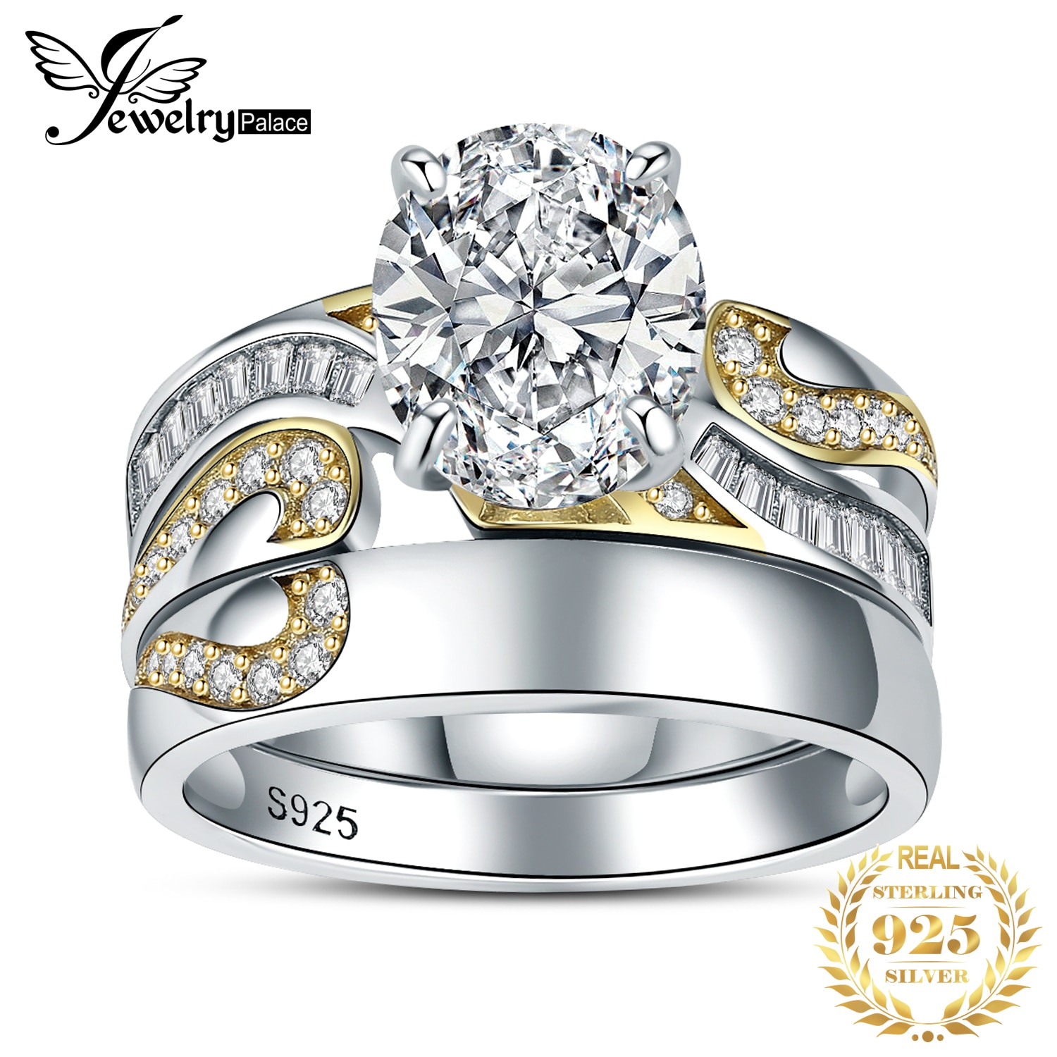 JewelryPalace New 2 Pcs 925 Sterling Silver Wedding Engagement Ring for Woman 3.8ct AAAAA CZ Simulated Diamond Heart Bridal Sets