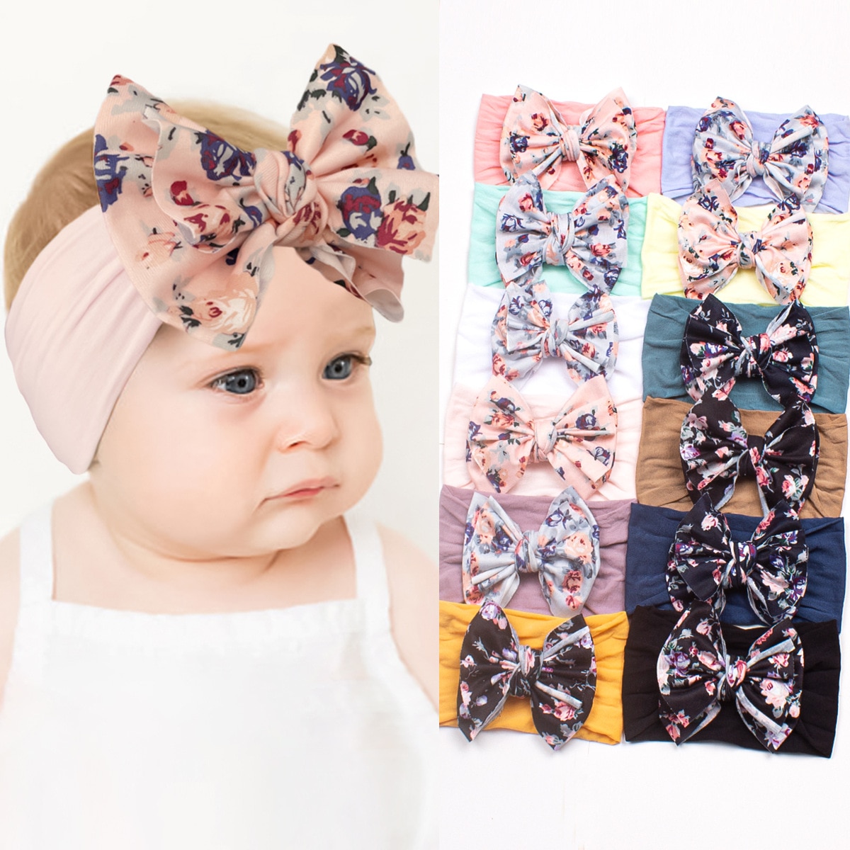 Bohemian Style Baby Hair Accessories Printed Children Big Bowknot Headbands Elastic Soft Nylon Hair Band Headwear