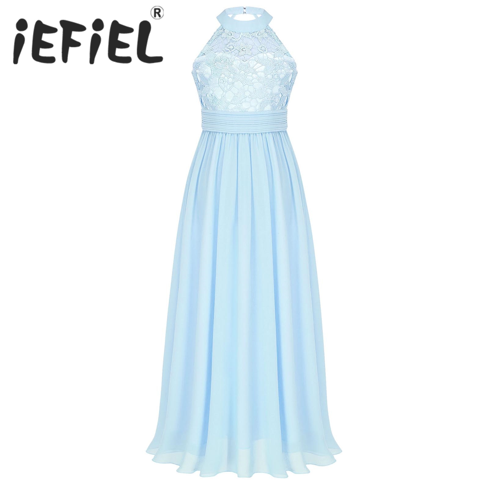 Kids Flower Girls Dress Summer Chiffon Sleeveless Lace Floor Length Dress for Birthday Party Wedding Bridesmaid First Communion