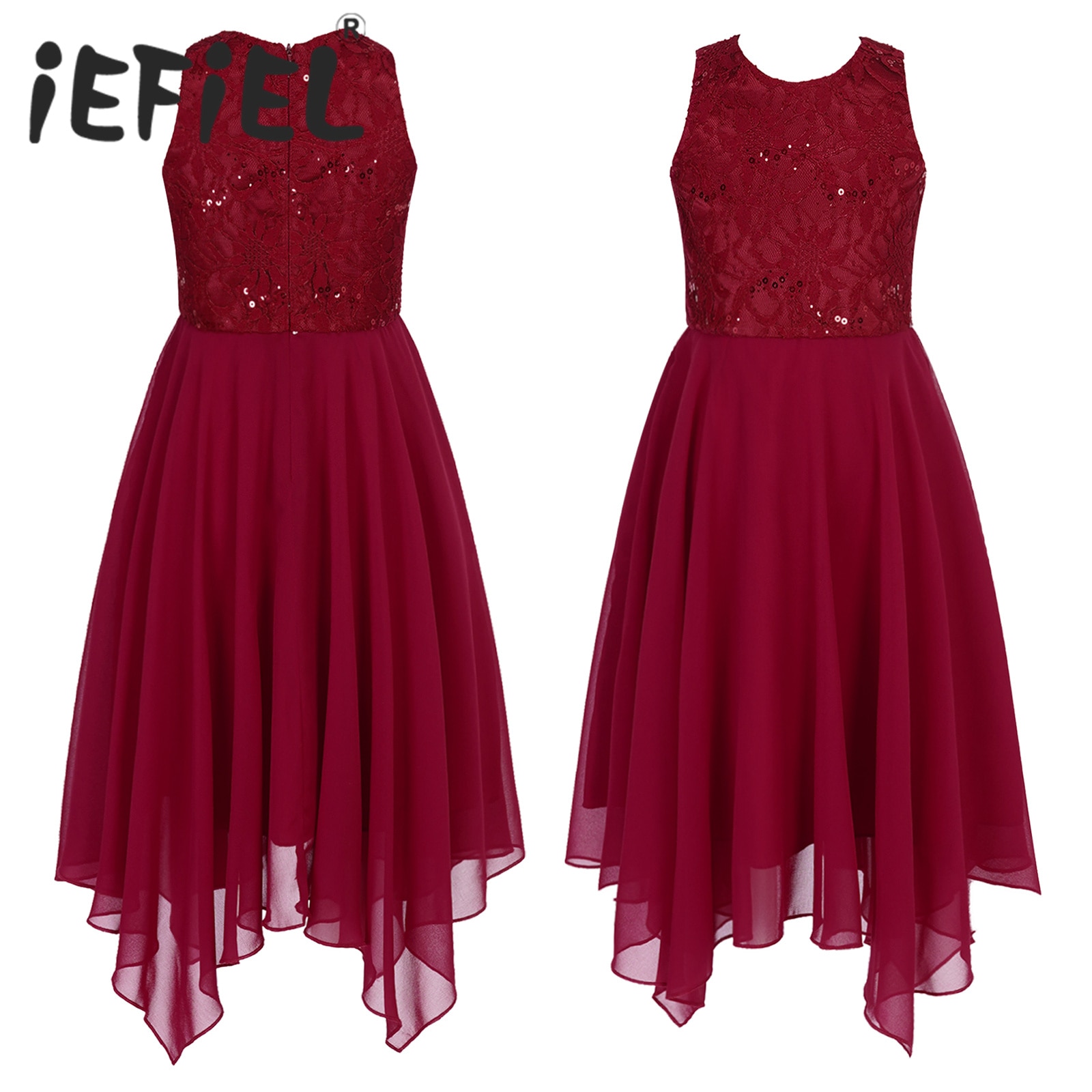 Kids Flpwer Girls Dress Sequins Sleeveless Princess Tulle Lace Dress Floor-Length Chiffon Junior Bridesmaid Wedding Party Dress