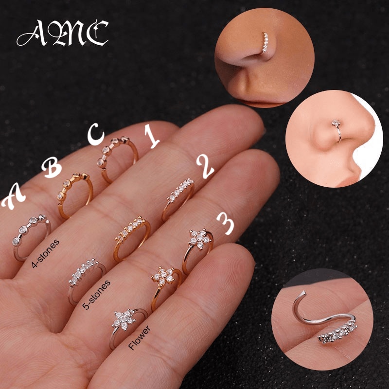 AMC 1PC Nose Ring Real Piercing Shiny Crystal Flower Zircon Thin Hoop Helix Cartilage Hip Hop Cool Body Jewelry For Women 2022
