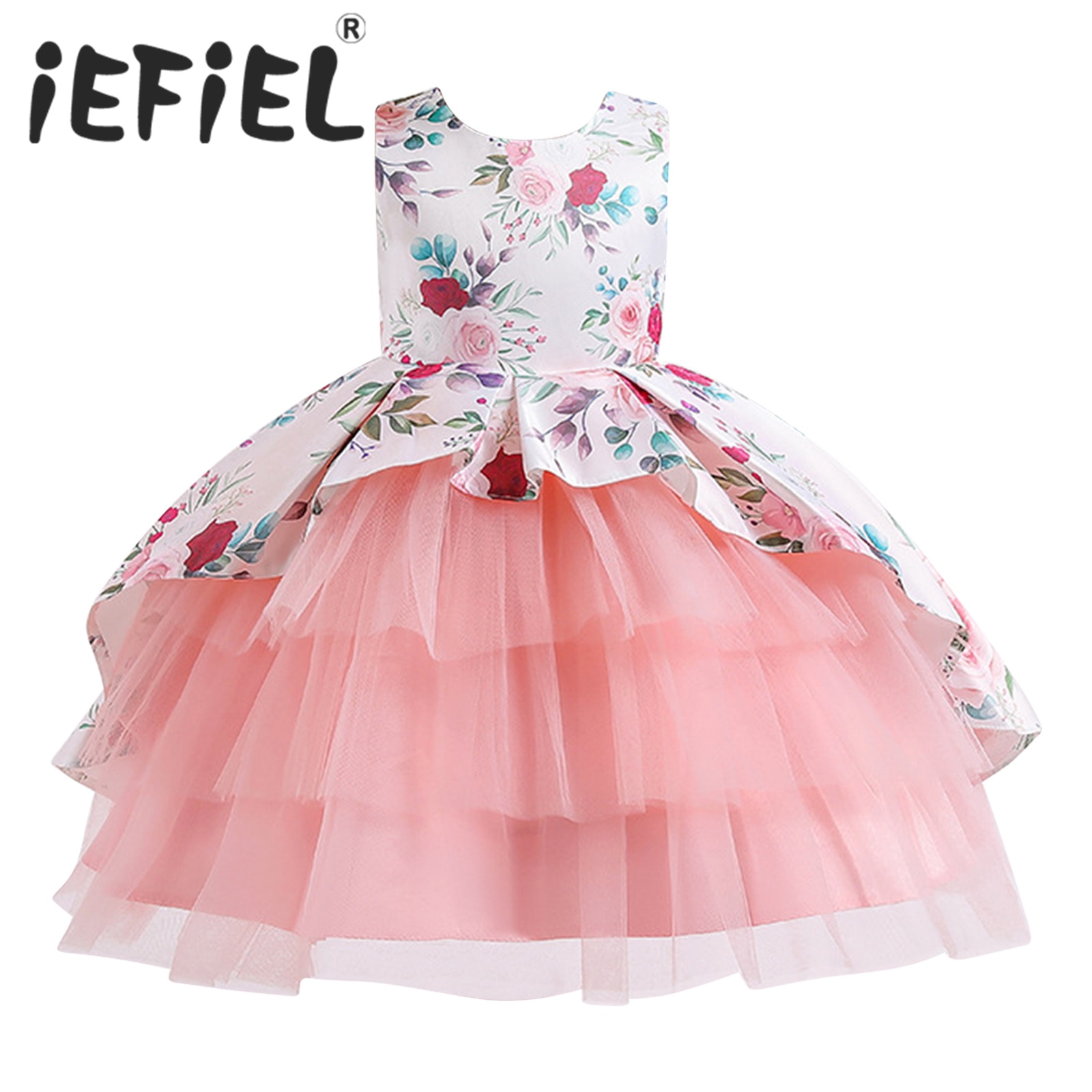 Kids Flower Girls Dress Floral Print Tiered Tulle Birthday Party Dress Sleeveless Princess Ball Gowns Dress for Celebration