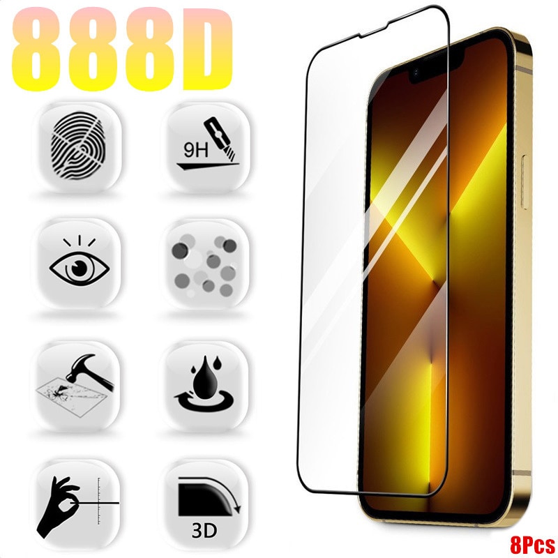 888D Tempered Glass Screen Protector On the For iPhone 13 12 11 Pro Max Mini Full Cover For iPhone 7 8 Plus X XR XS MAX SE 2020