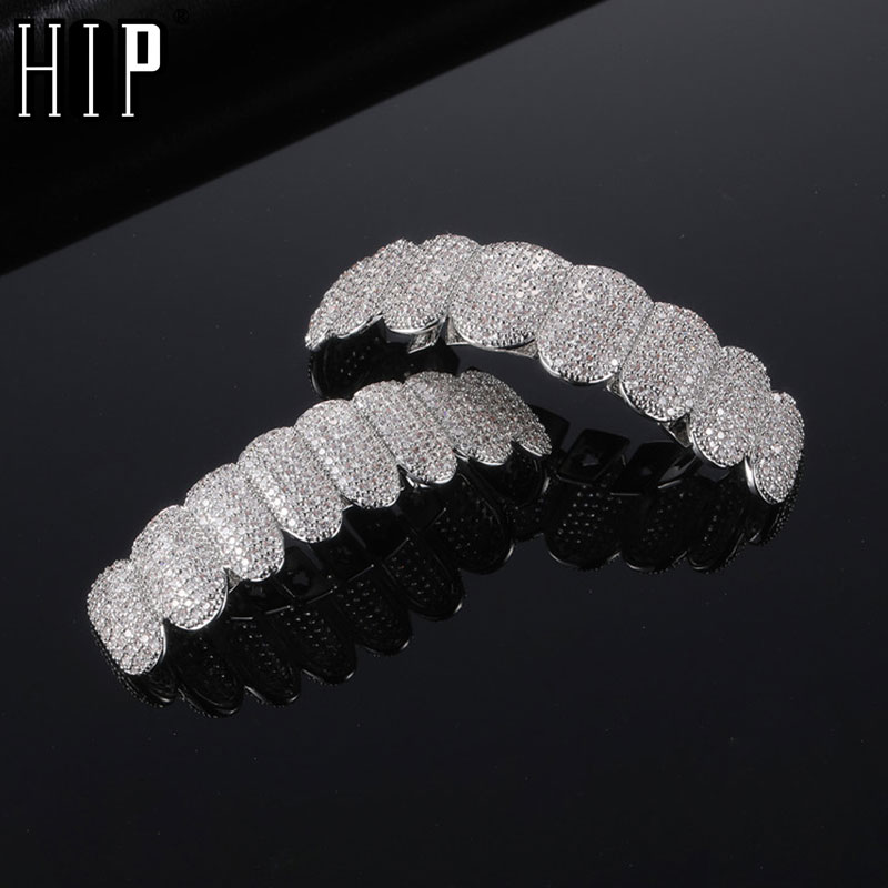 Hip Hop Full CZ Stones Teeth Grillz Caps Cubic Zircon Iced Out Micro Pave Top&Bottom Charm Grills Set For Men Women Jewelry 
