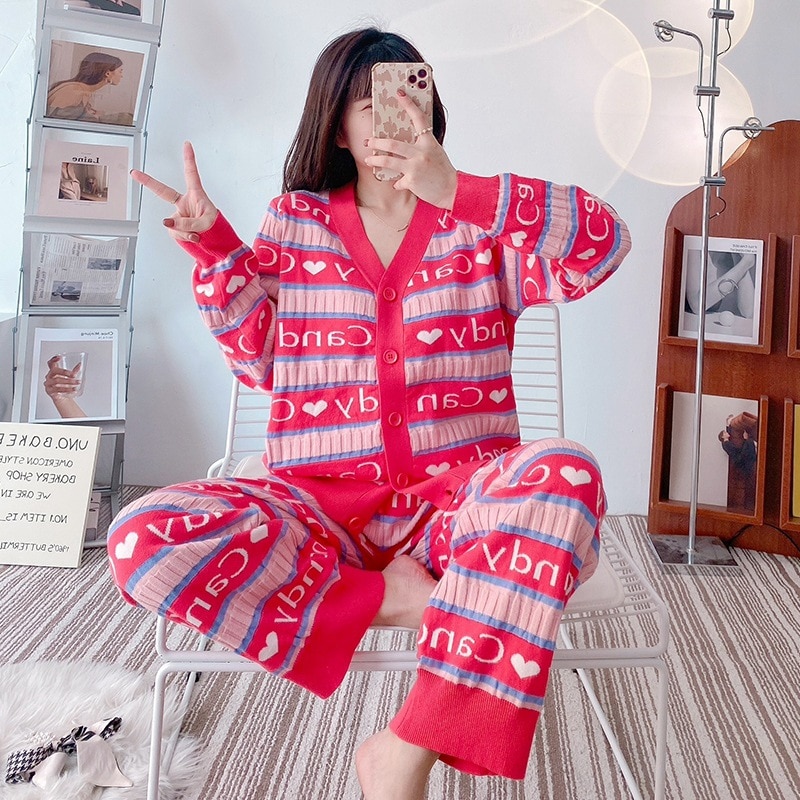 Cardigan Pajamas Women Woolen Yarn Autumn Thickened Warm Soft Knitted Letters Striped Love Nightwear Home Pj Can Be Worn Outside