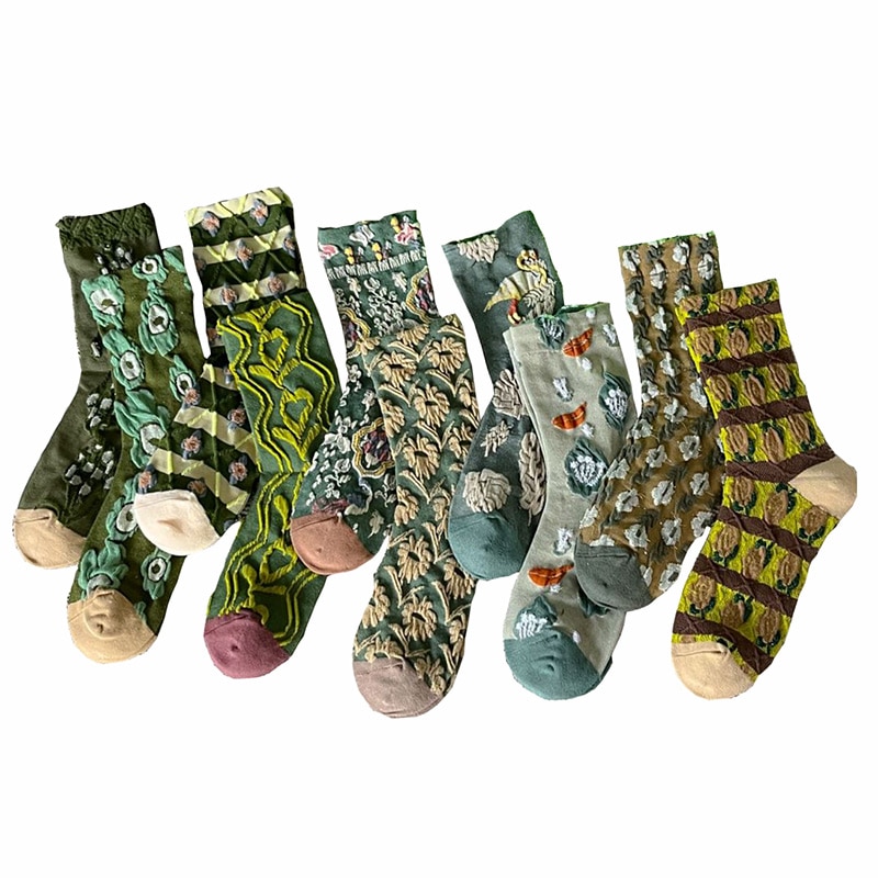 10 Pairs Kawaii Long Cycling Socks Women Cotton Cute Autumn Winter Foot Cover Fashion Print Green Style Street Ladies Socks Set